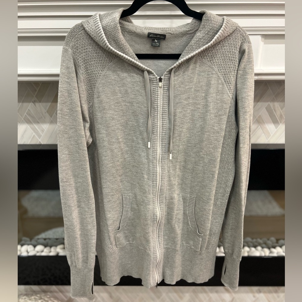Eddie Bauer Heathered Gray Hooded Cardigan Full Zip Sweater XL Tall